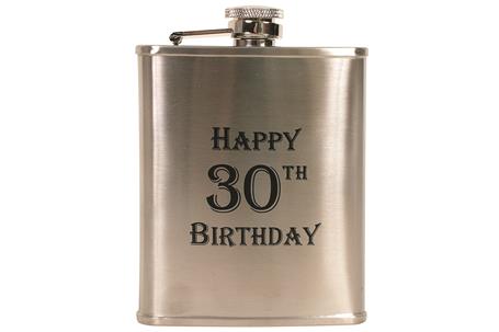 Hip Flask Coyote Polished Chrome Engraved 'Happy 30th Birthday' 6 oz