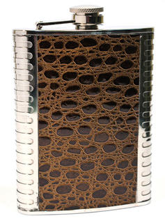 Hip Flask Polished Chrome with Brown Faux Crocodile Skin Centre Panel 8oz