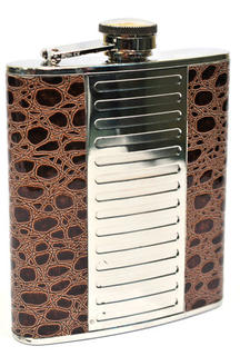 Hip Flask Polished Chrome with Brown Faux Crocodile Skin Edge Panels 7oz