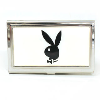 Card Holder Metal High Polish Chrome Black Playboy Logo on White