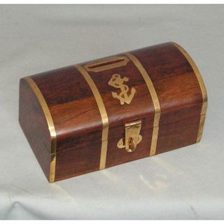 Wood with Brass Inlay Captains Trunk Money Box