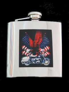 Hip Flask Chrome with Motorcycle Centre Panel 6oz