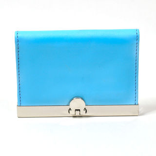 Card Holder Chrome Metal Baby Blue Leatherette with 3 Compartments