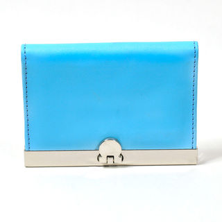 Card Holder Chrome Metal Baby Blue Leatherette with 3 Compartments