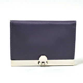 Card Holder Chrome Metal Deep Purple Leatherette with 3 Compartments