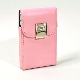 Card Holder Pink Leatherette Over Metal Frame with Chrome Catch on Card Lifting Flap