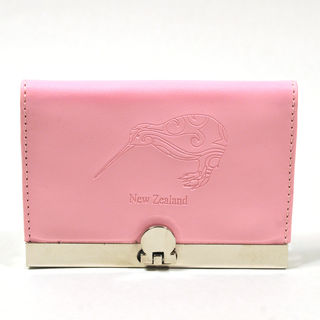 Card Holder Candy Pink Leatherette with 3 Compartments and Embossed Kiwi