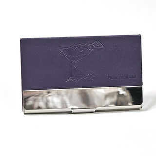 Card Holder High Polish Chrome Metal Deep Purple Leatherette with Embossed Pukeko
