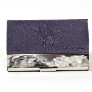 Card Holder High Polish Chrome Metal Deep Purple Leatherette with Embossed Koru