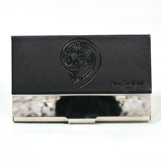 Card Holder High Polish Chrome Metal Black Leatherette with Embossed Koru