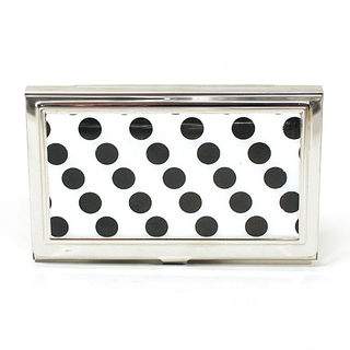 Card Holder High Polish Chrome Metal Black Polka Dots on White