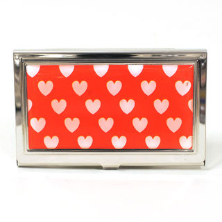 Card Holder High Polish Chrome Metal White Hearts on Red