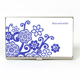 Card Holder High Polish Chrome Metal with Blue Flowers II