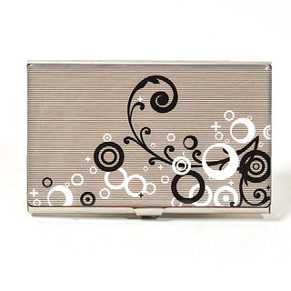 Card Holder High Polish Chrome Metal with Black and White Pattern on Grey Stripe Background