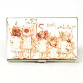 Card Holder High Polish Chrome Metal with Sketch of Little Girls