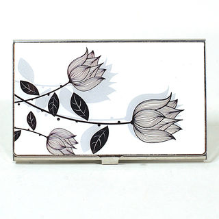 Card Holder High Polish Chrome Metal with Black and White Flowers