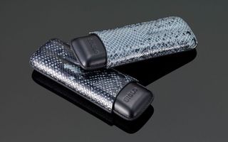 Snake Skin Print Leather Cigar Case (2 Sticks) - Grey on Black