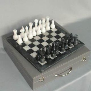 Marble Chess Set - Black and White on 12 inch Board - Leatherette Case