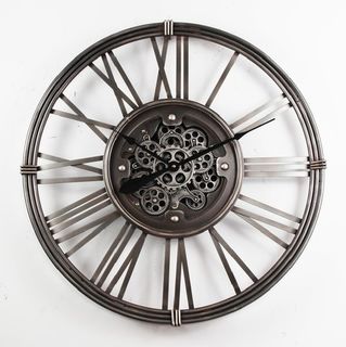 Wall Clock Moving Gears Brushed Silver (80 cm Diameter)