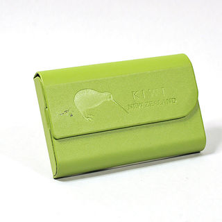 Card Holder Metal Green Leatherette Half Flap Embossed Kiwi
