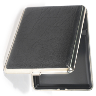 Cigarette Case Metal - Large Medium Size - Black Leatherette Finish