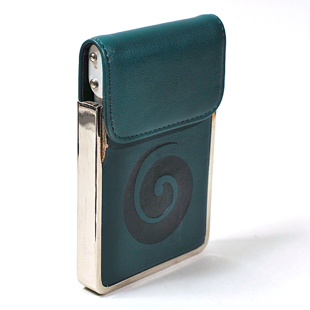 Card Holder Forest Green Leatherette Embossed Koru with Chrome Detail