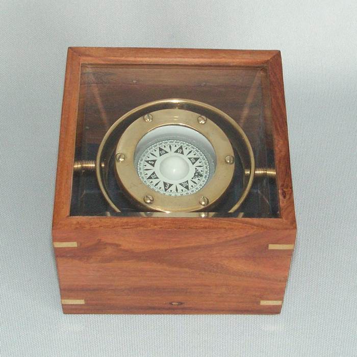 Brass Replica Gimballed Compass in a Box (110mm Square)