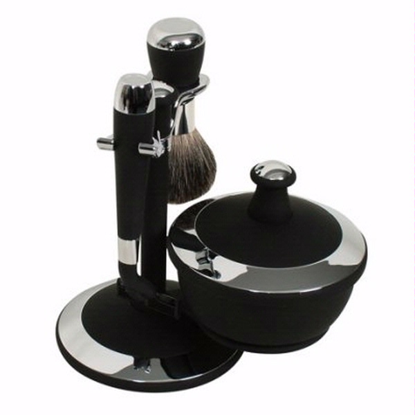Comoy WG Shave Set Black/Chrome with Bowl and Mirrored Lid - Soft Touch Brush