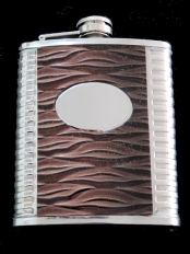 Hip Flask Chrome with Brown Ribbed Effect Vinyl Centre Panel 7oz