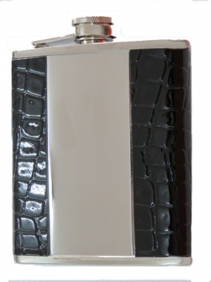 Hip Flask Polished Chrome with Brushed Chrome Centre Panel and Faux Black Crocodile Skin Outer Panels 7oz