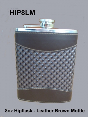 Hip Flask Chrome with Brown Leatherette Panels and Textured Centre Panel 8oz