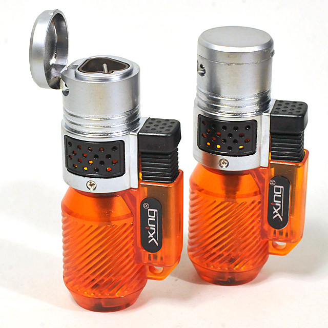 Gas Lighter Xing Brand Triple Jet - Satin Chrome with Dark Orange Acrylic Fuel Tank
