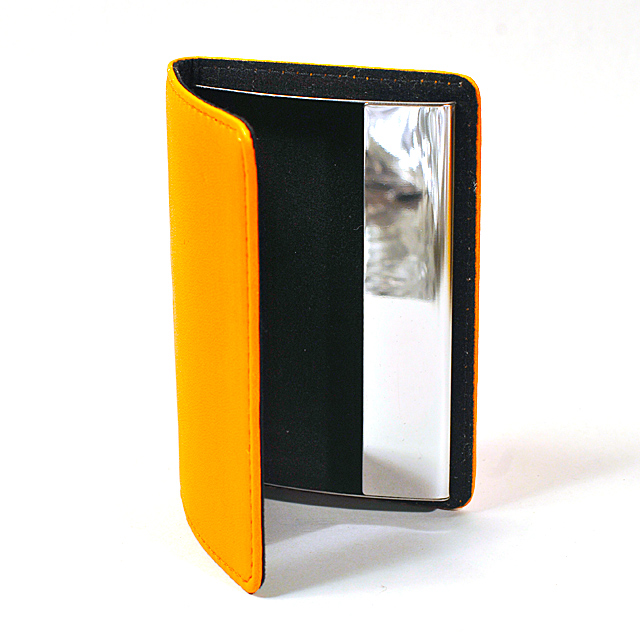 Card Holder Orange Leatherette with Chrome Metal Internal Box Frame