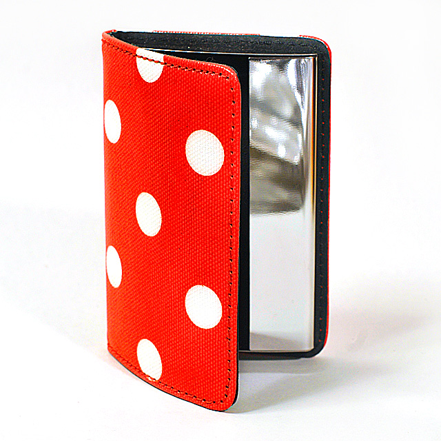 Card Holder Red Leatherette and White Polka Dots with Chrome Metal Internal Box Frame