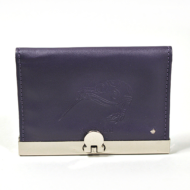 Card Holder Deep Purple Leatherette with 3 Compartments and Embossed Kiwi