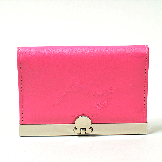 Card Holder Dark Pink Leatherette with 3 Compartments and Embossed Kiwi