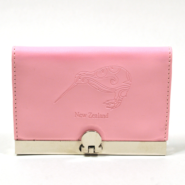 Card Holder Candy Pink Leatherette with 3 Compartments and Embossed Kiwi