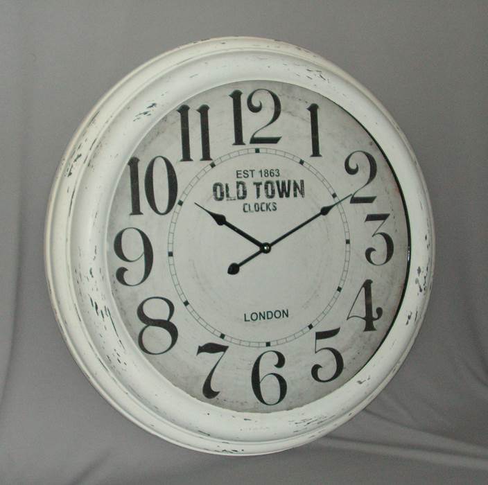 Old Town Clock in White Distressed-Paint Metal with Glass (62cm Diameter)