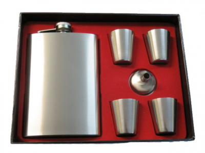 Hip Flask Satin Chrome Gift Set - 9 oz with 4 Plain Chrome Cups and Filler