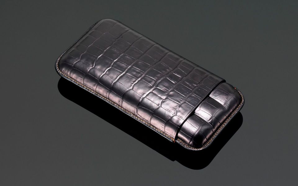 Crocodile Skin Print Leather Cigar Case (3 Sticks) - Black