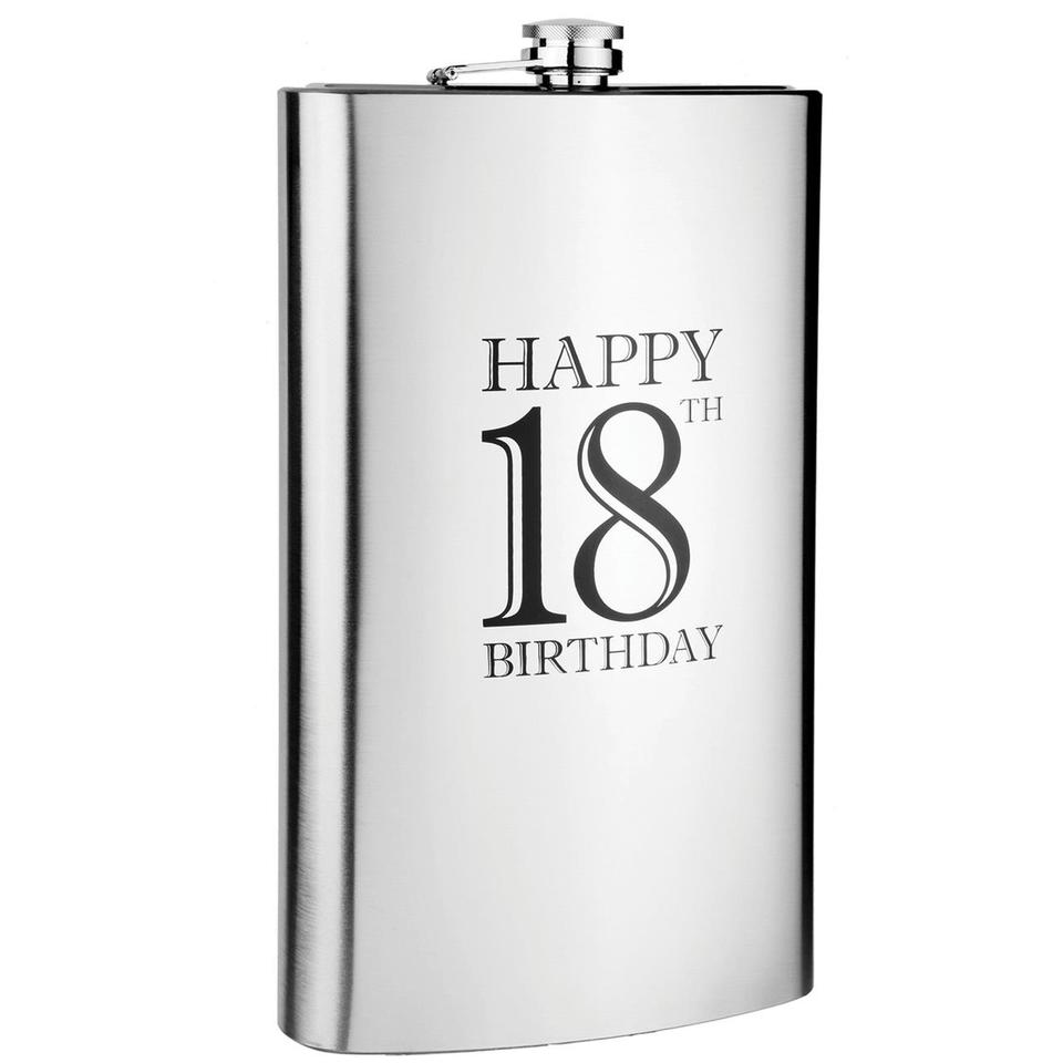 Hip Flask Coyote Polished Chrome Engraved 'Happy 18th Birthday' 64 oz