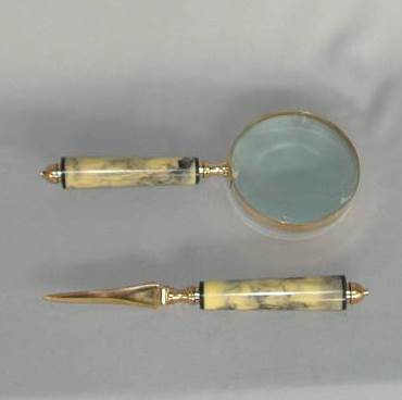 Brass Magnifier and Paper Knife Set (Marble Look Finish)