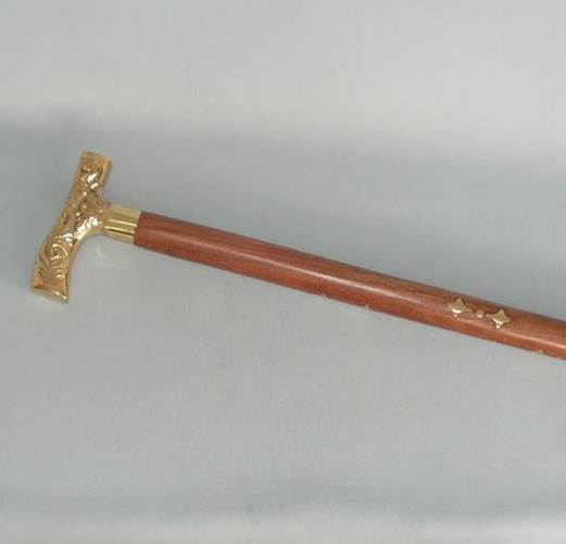 Walking Stick (One Piece) - Brass T-Shape Handle With Brass-Inlaid Shaft (930mm Long)