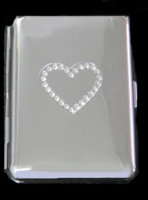 Cigarette Case Metal - Large Size - High Polish Chrome - with Crystal Heart