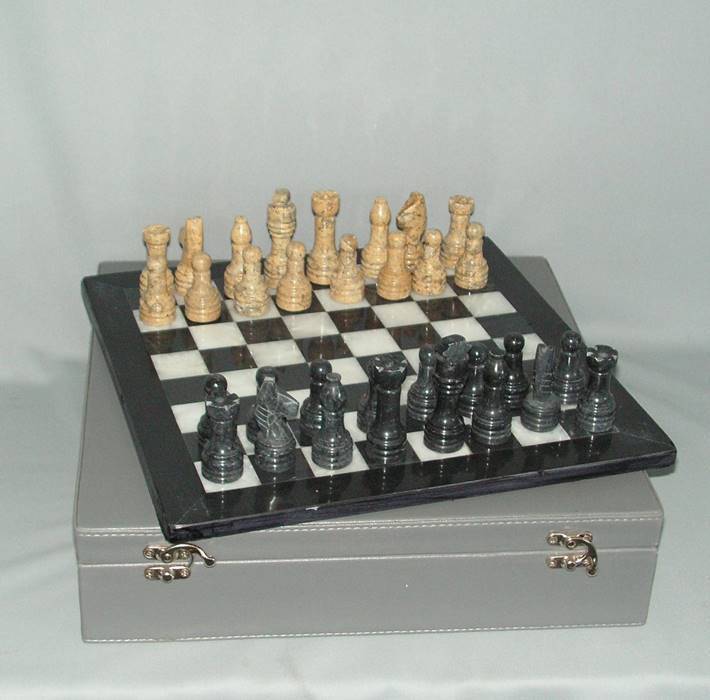 Marble Chess Set - Black and Fossil on 12 inch Board - Leatherette Case