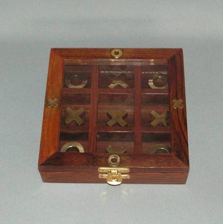 Brass and Wood Tic-Tac-Toe Set Under Glass - 15 cm Square