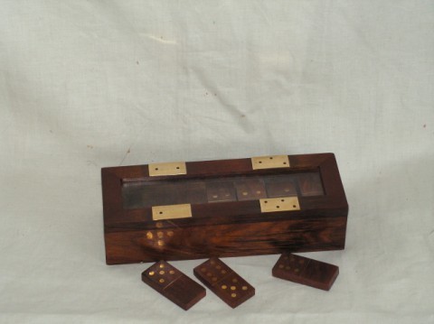 Brass Inlay Wooden Dominos in a Glass Top Box