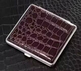 Cigarette Case Metal - Large Size - Dark Burgundy Crocodile Leatherette Finish