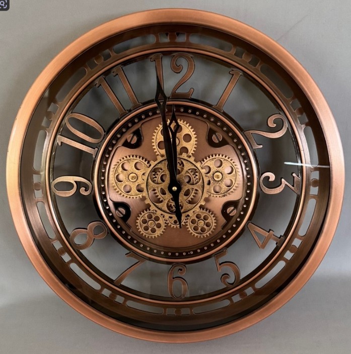 Wall Clock Copper with Copper Gears and Arabic Cutout Numerals (46 cm Diameter)