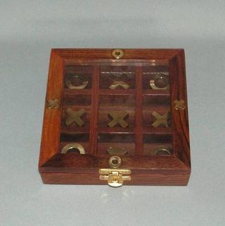 Brass and Wood Tic-Tac-Toe Set Under Glass - 13 cm Square